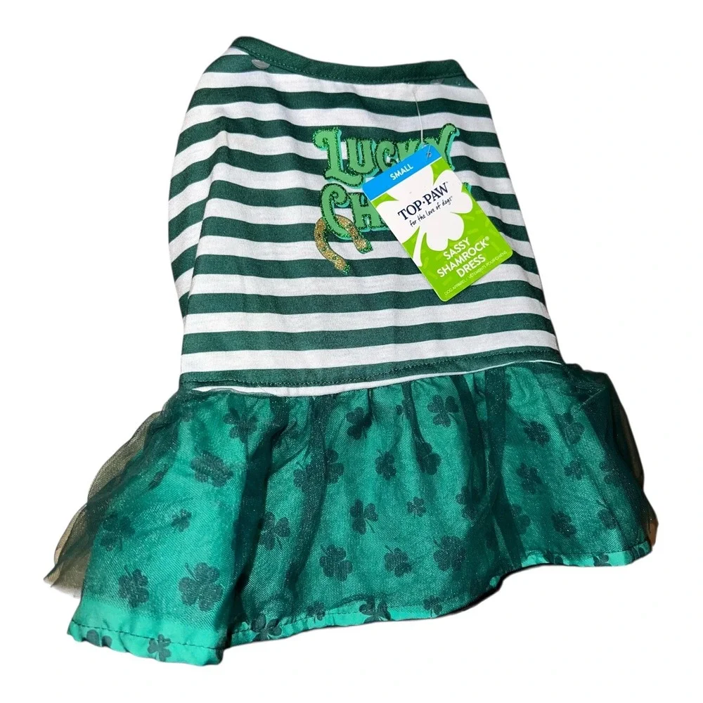 Top Paw Small Dog Dress Green White Stripes Lucky Charm St Patricks DaPet Outfit
